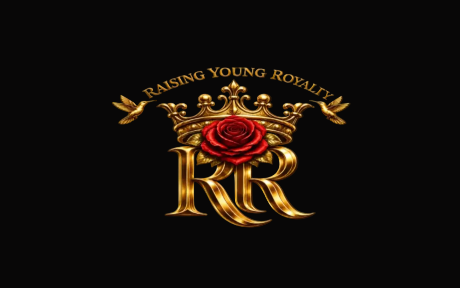 Gold crown with red rose and 'RR' initials on a black background with 'Raising Young Royalty' text.